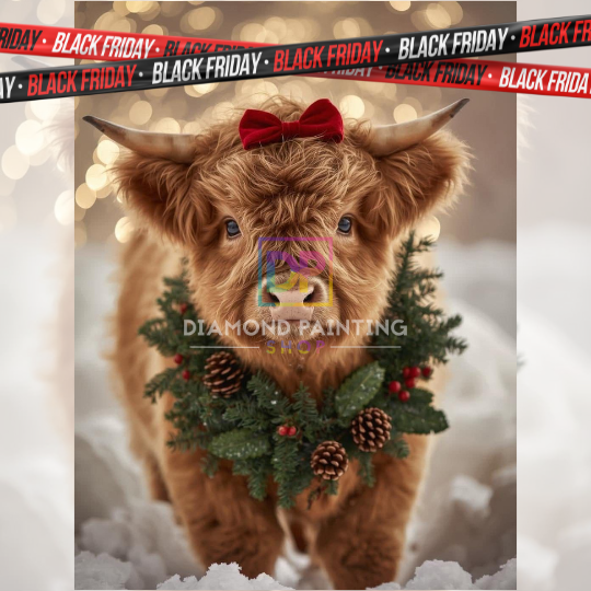 🎄 Highland-Weihnachtszauber – Festliches Galloway-Kalb als Diamond Painting