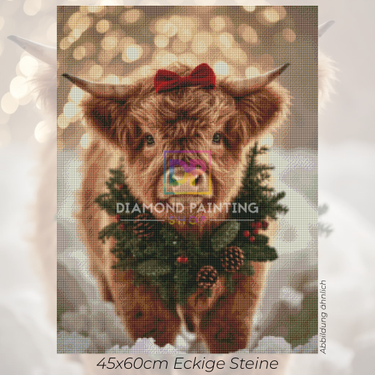 🎄 Highland-Weihnachtszauber – Festliches Galloway-Kalb als Diamond Painting