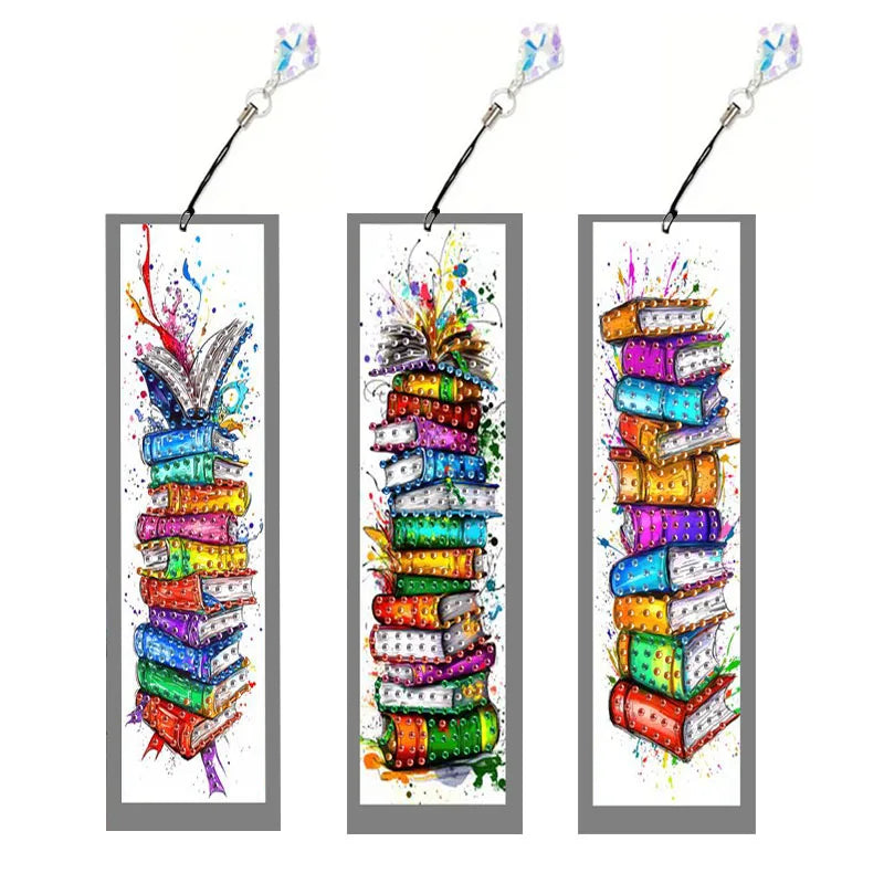 Diamond Painting Lesezeichen 3er Set – Strass Bookmarks mit Anhänger | 19,5 × 5,8 cm