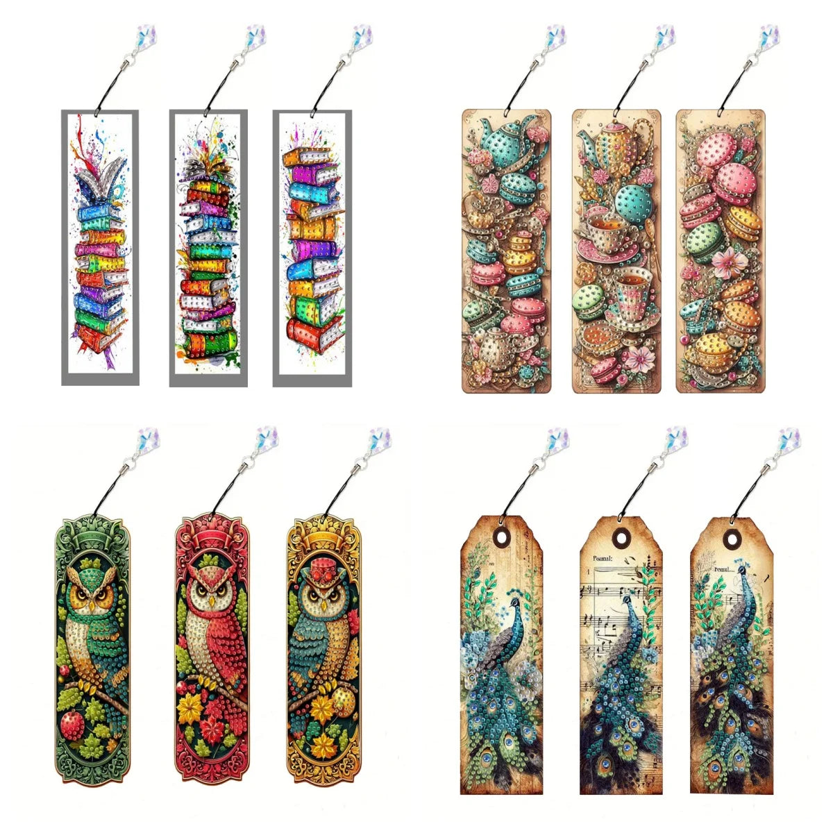Diamond Painting Lesezeichen 3er Set – Strass Bookmarks mit Anhänger | 19,5 × 5,8 cm