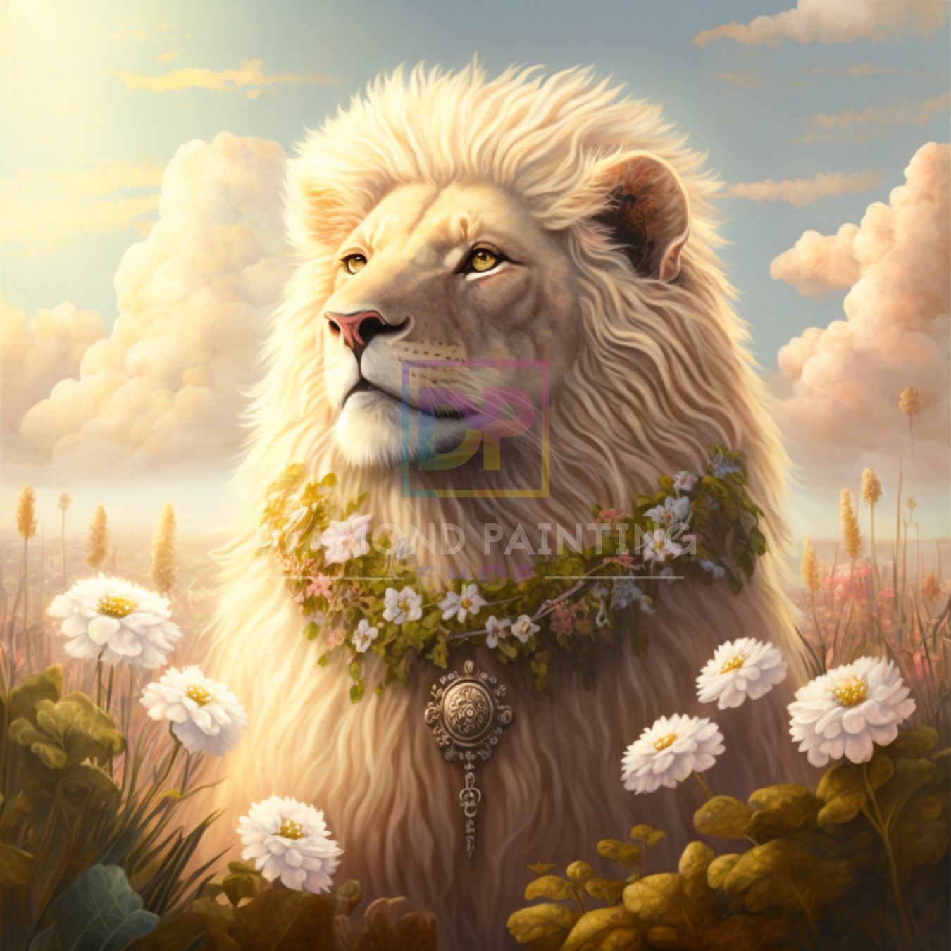 Löwe mit Blumenschmuck