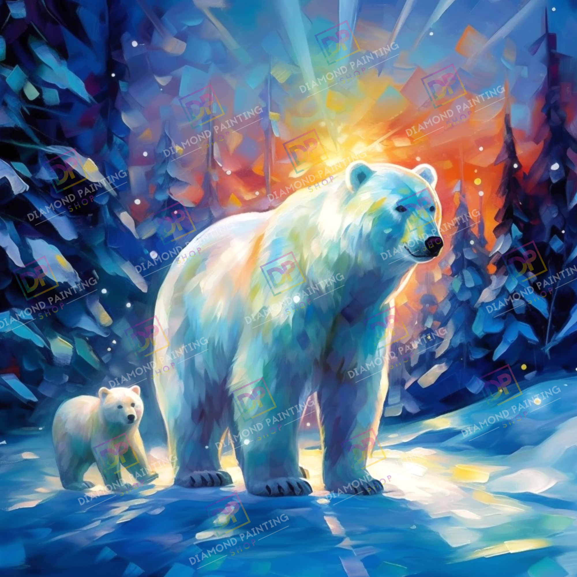 Eisbär Familie im Sonnenaufgang mit AB Steine