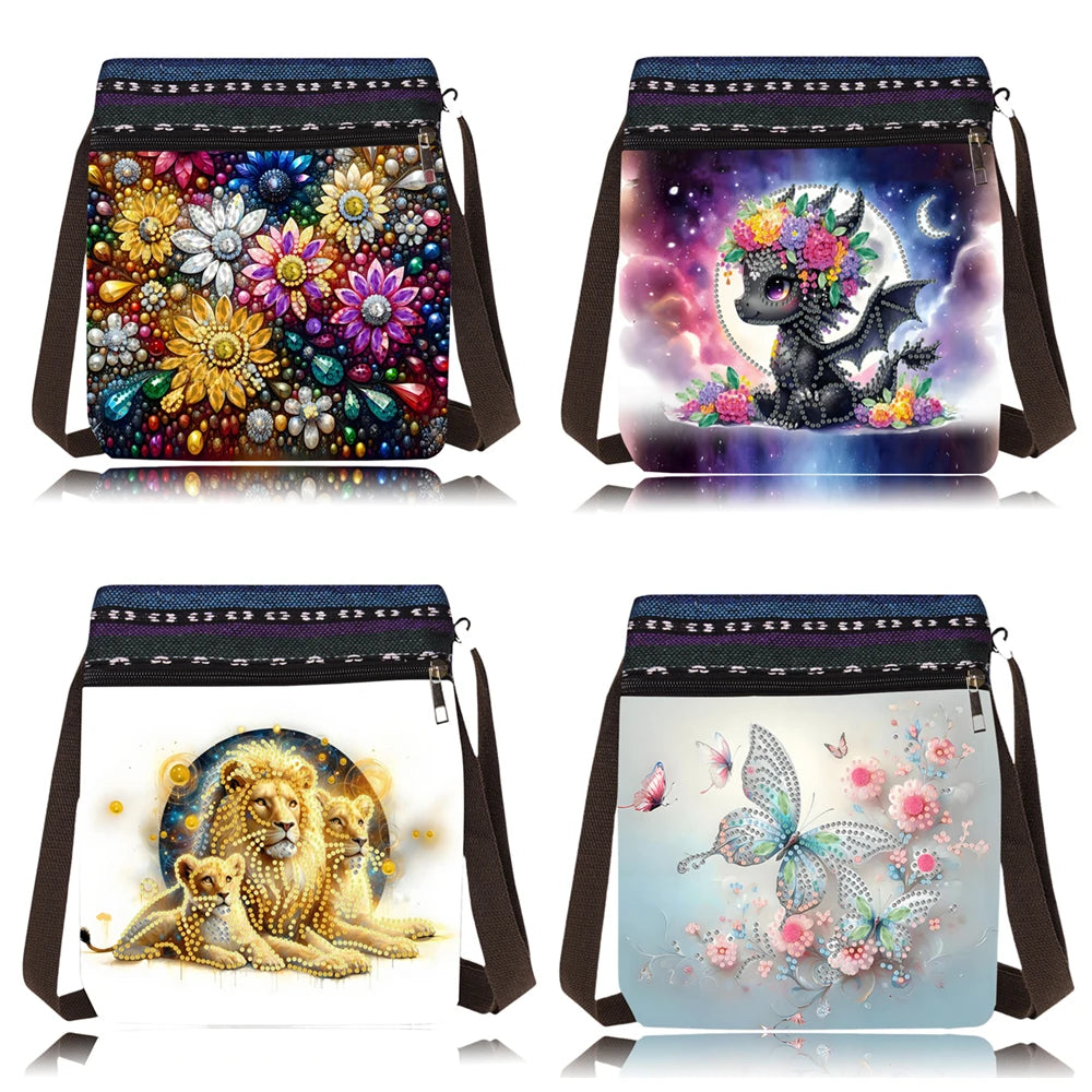 Diamond Painting Umhängetasche – Glitzernde Mini-Tasche mit 3D-Strassmotiv & Reißverschluss (22 × 21,5 cm)
