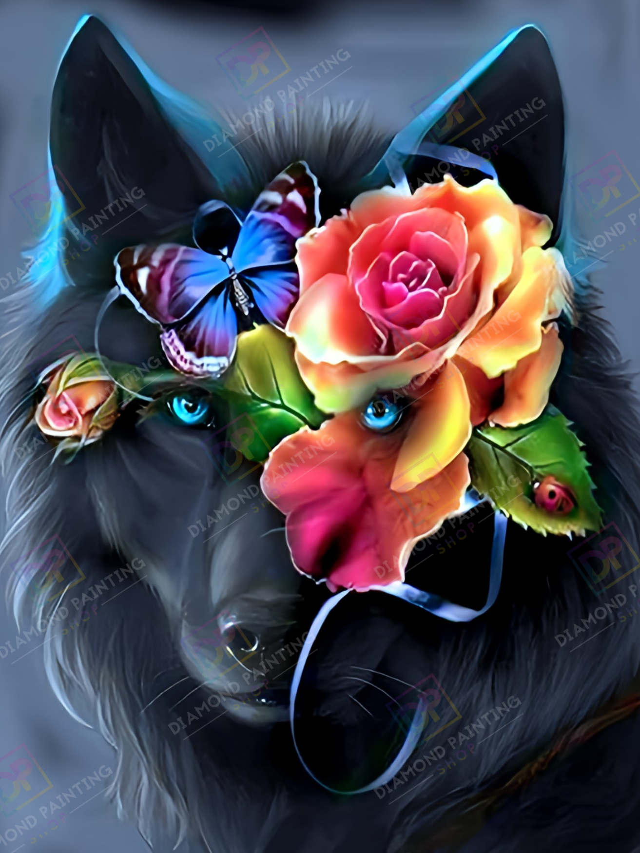 Black and Flower Wolf mit AB Steine